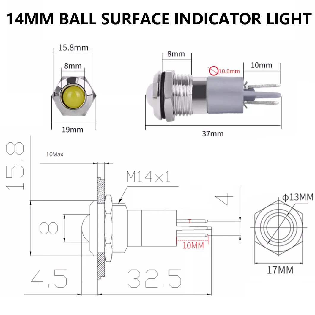 ABILKEEN 10 個 14 ミリメートル LED 金属インジケータライト AC/DC 3 〜 220V ミニ信号パイロットランプ IP65 防水工業用パイロットライト