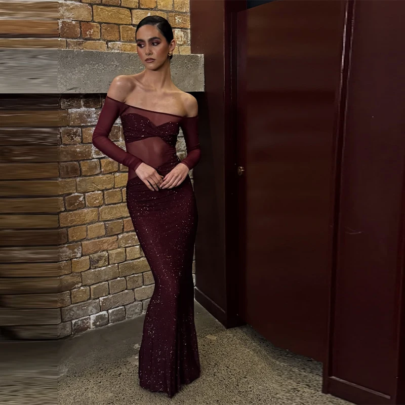 

Новое вечернее платье макси с открытой спиной, без бретелек, из сетчатой ткани, с длинными рукавами, пайетками, приталенное, полупрозрачное, элегантное, для вечеринок