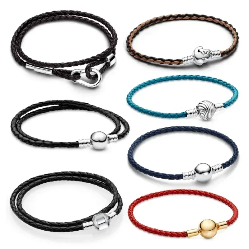 

2025 New 925 silver Moments Braided Leather Bracelet Women DIY Charm Bead Pendant Jewelry Popular Gifts