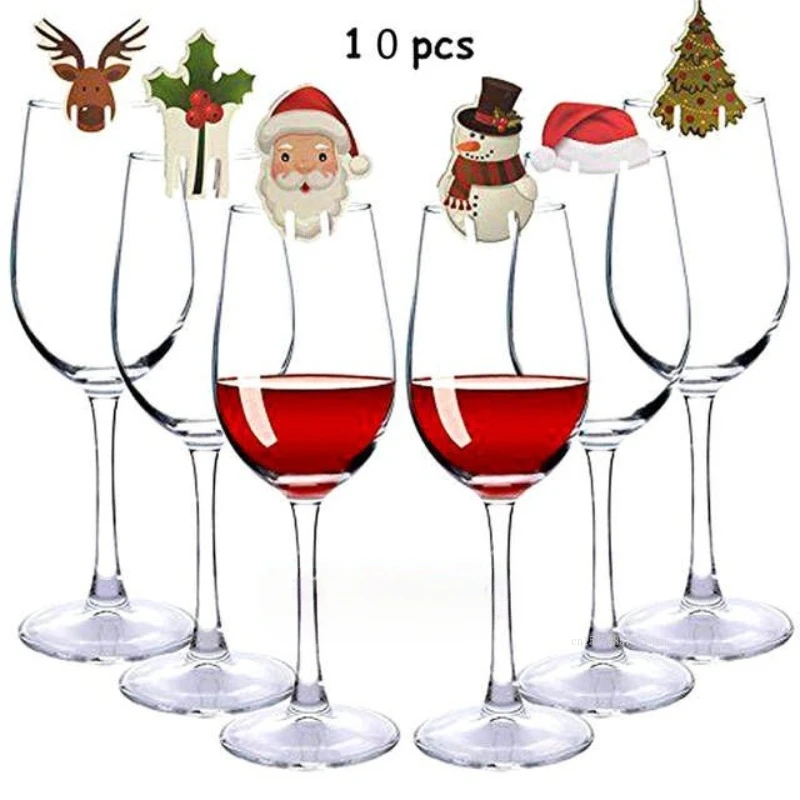 10pcs/set Christmas Wine Glass Card Deer Head Card Santa Claus Christmas Hat Wine Glass Card New Year Christmas Decorations