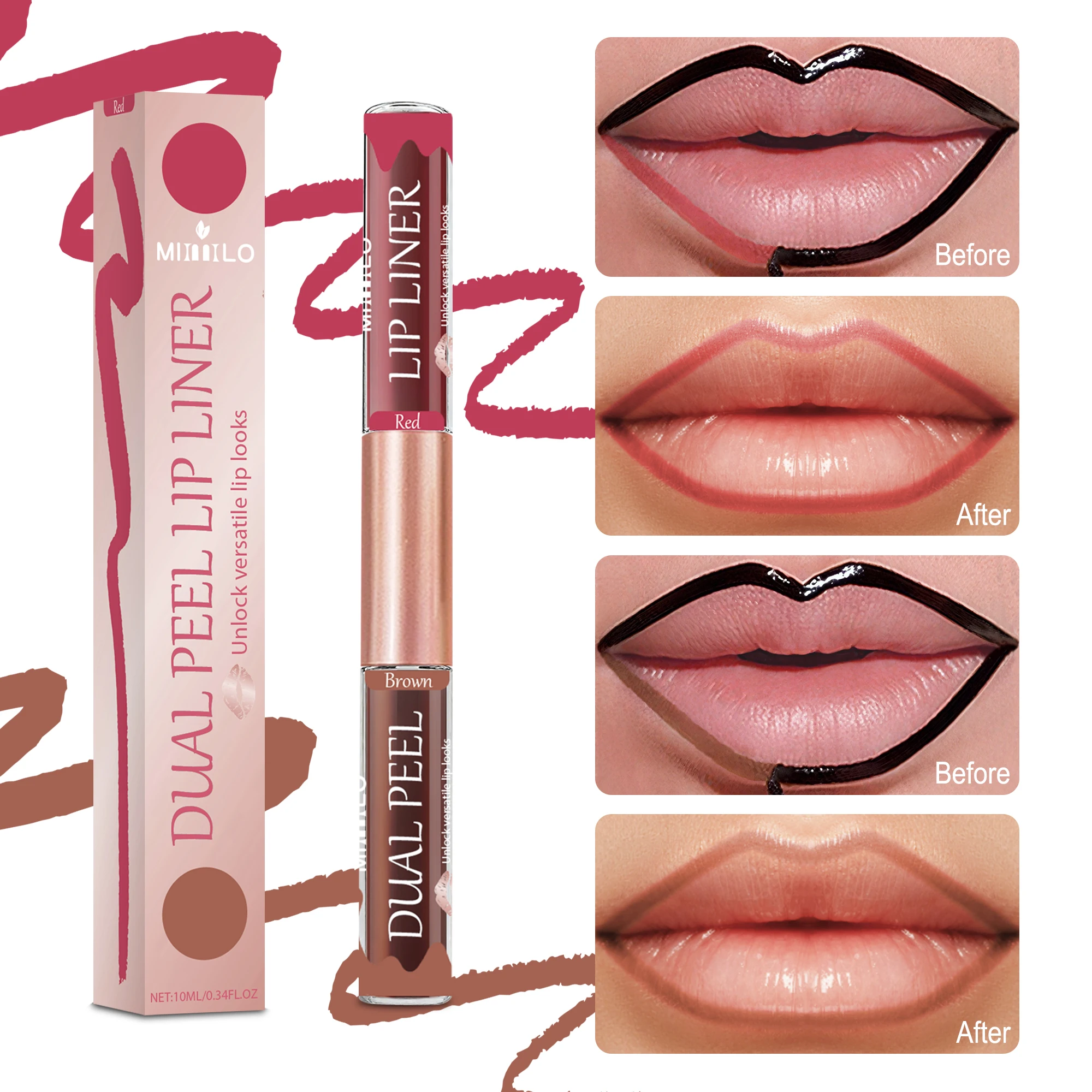 Revestimiento de labios bicolore/deselpe-off. Brillo de labios. Impermeable y duradero. Marrón/rojo desbloquea un maquillaje de labios versátil