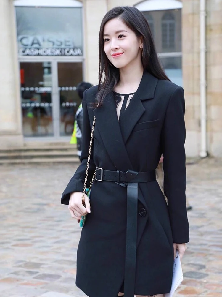 Slimming Mid-Length Black Suit Jacket Spring New Style Women's Business Casual Polyester Fiber Long Sleeve Single Button