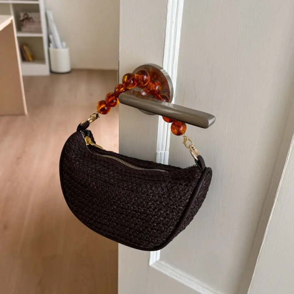 

Sweet Large Capacity Grass Weave Handbag Handmade Beads Handle Straw Bag Vacation Style Fashion Summer Beach Handbag Summer