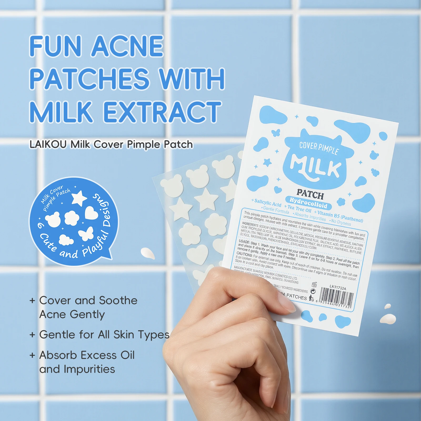 LAIKOU Milk Cover Pimple Patch 24 Patches Gentle Formula Absorbs Impurities No Dryness Hydrocolloid Acne Patches