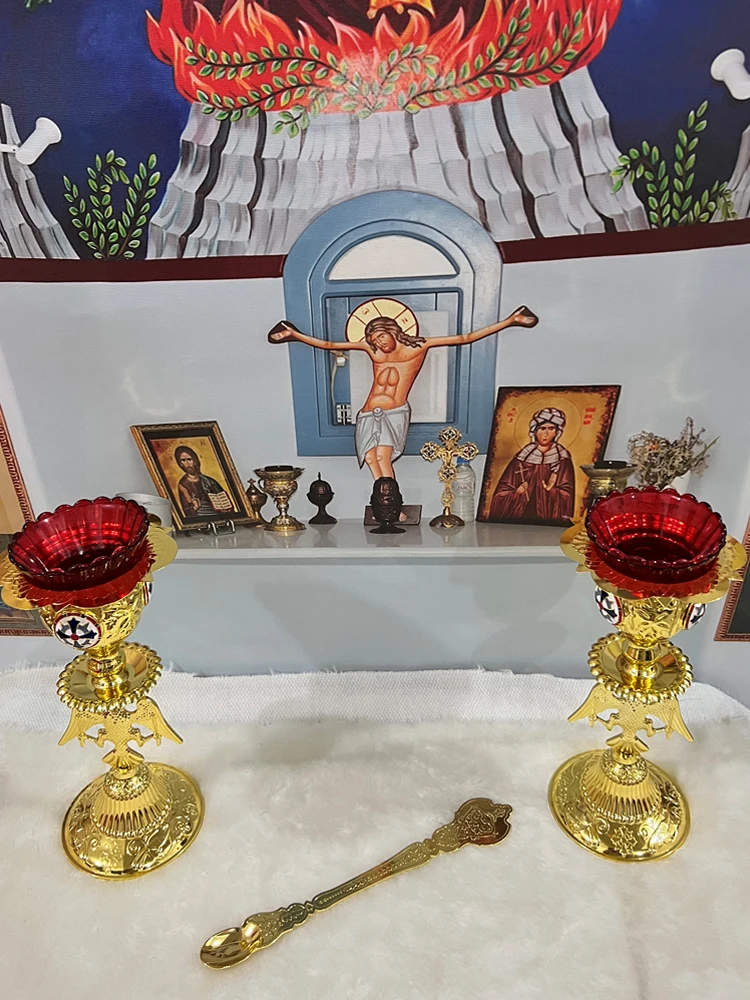 Goldenes orthodoxes Kreuz, religiöser Heilwasserlöffel, katholisches Kirchenzubehör, religiöse Gegenstände, Kirchenbedarf, orthodoxes Kreuz – Detail 1