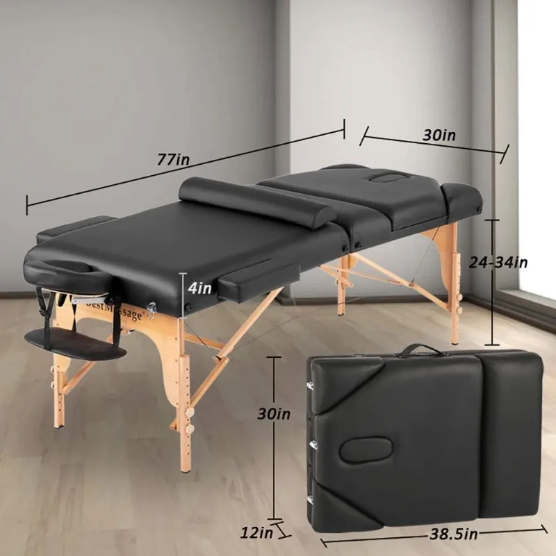 Массажный стол портативный, матрас 4 дюйма, 77 дюймов, длинная деревянная рама