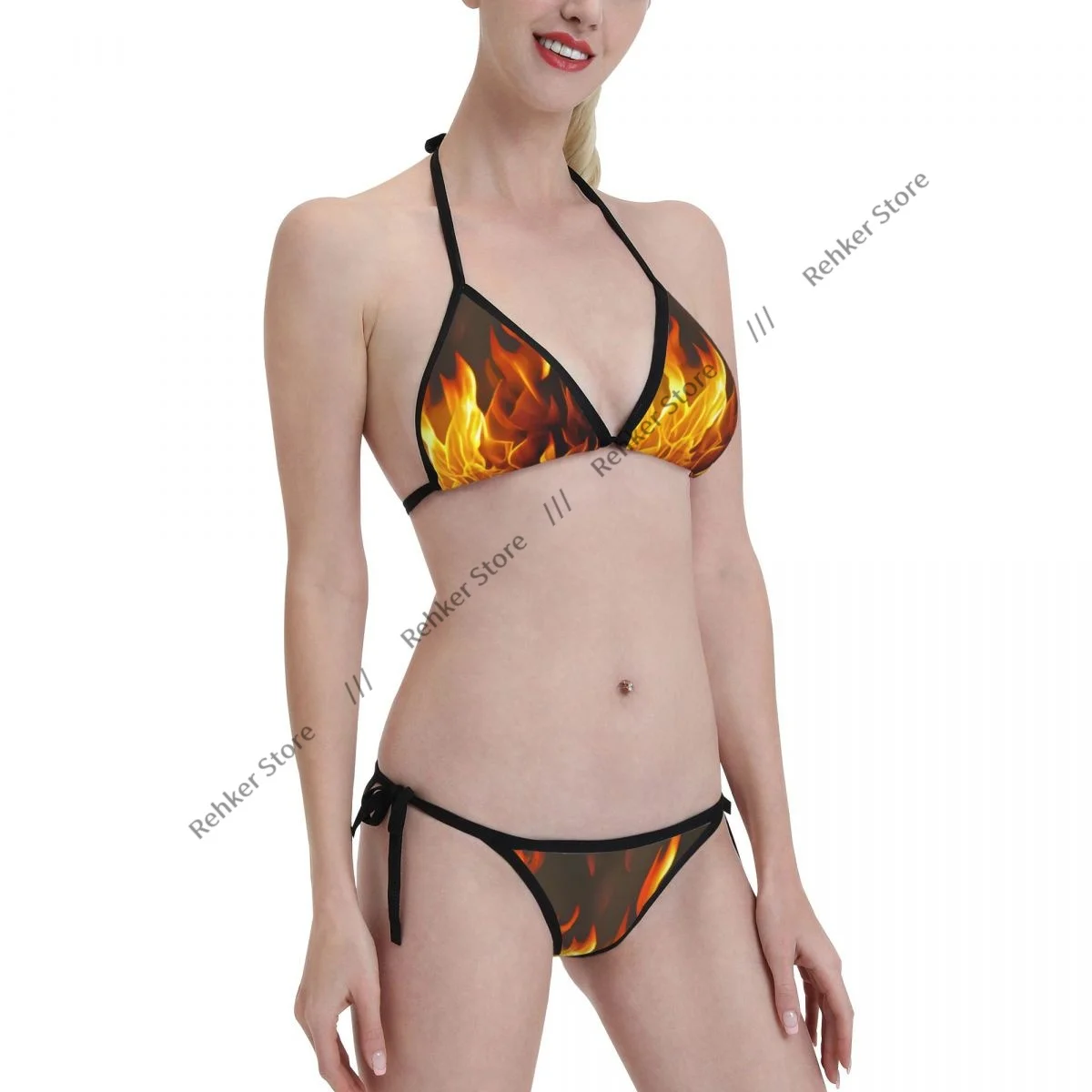 

Sexy Thong Bikini Mujer Swimwear Women Fire Flames Pattern Summer Beachwear