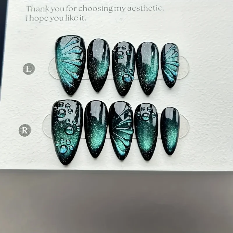 10 Stück hochwertige dunkelgrüne Katzenaugen-Schmetterlings-Kunstnägel, dunkle mandelförmige Katzenaugen-Nagel-Dekorationsaufkleber