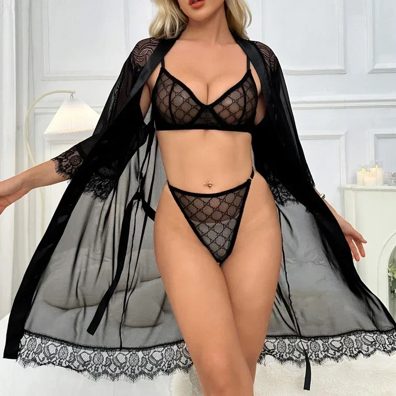 Pijama de mujer, ropa interior de malla negra, camisones sexis, lencería, conjunto de 3 piezas, ropa interior, camisón combinado, conjunto de ropa Sexy para el hogar