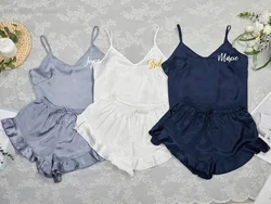 Personalized Bridesmaid Pjs Custom Bridesmaid Pajamas Camisole Set Bachelorette Party Pjs Bridal Party Gift Ruffle Satin Set