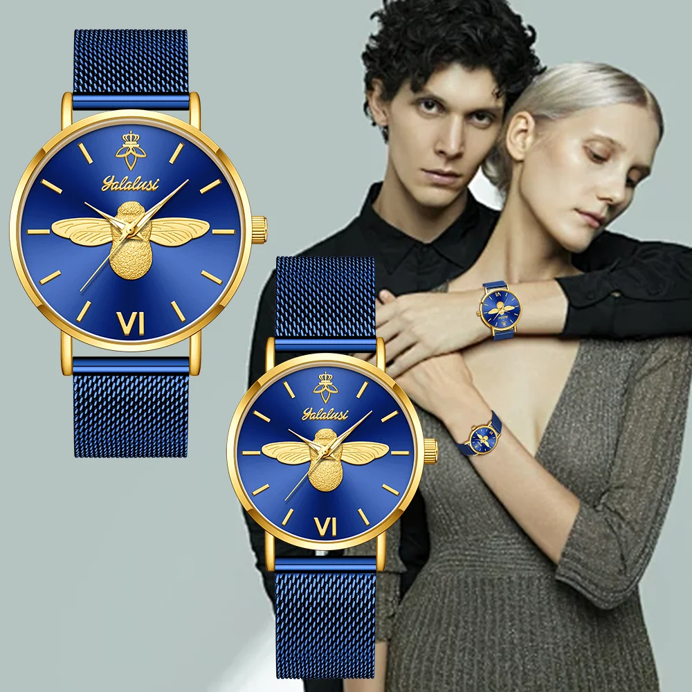 YaLaLuSi Minimalist Quartz Couple’s Watches with 3D Bee Relief Design for Men and Women Relojes De Mujeres