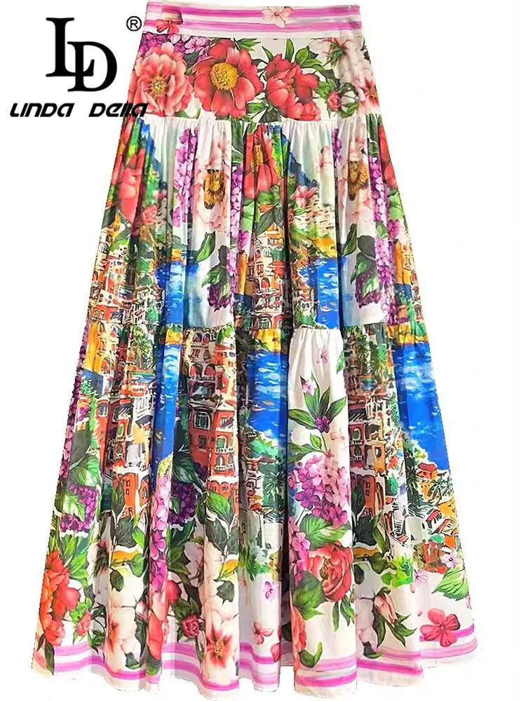 LD LINDA DELLA Summer Vacation Floral Women\'s Fashion Print Folds Design Slim Cotton Pleated Skirt