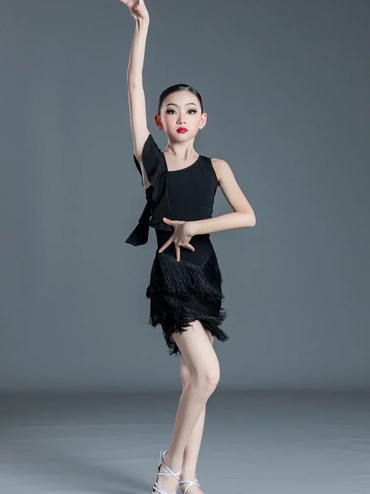 Children Kids Latin Dance Dress for Girls Black Fringe Salsa/Ballroom/Tango/Cha Cha/Rumba/Samba/Latin Dresses Competition Dance