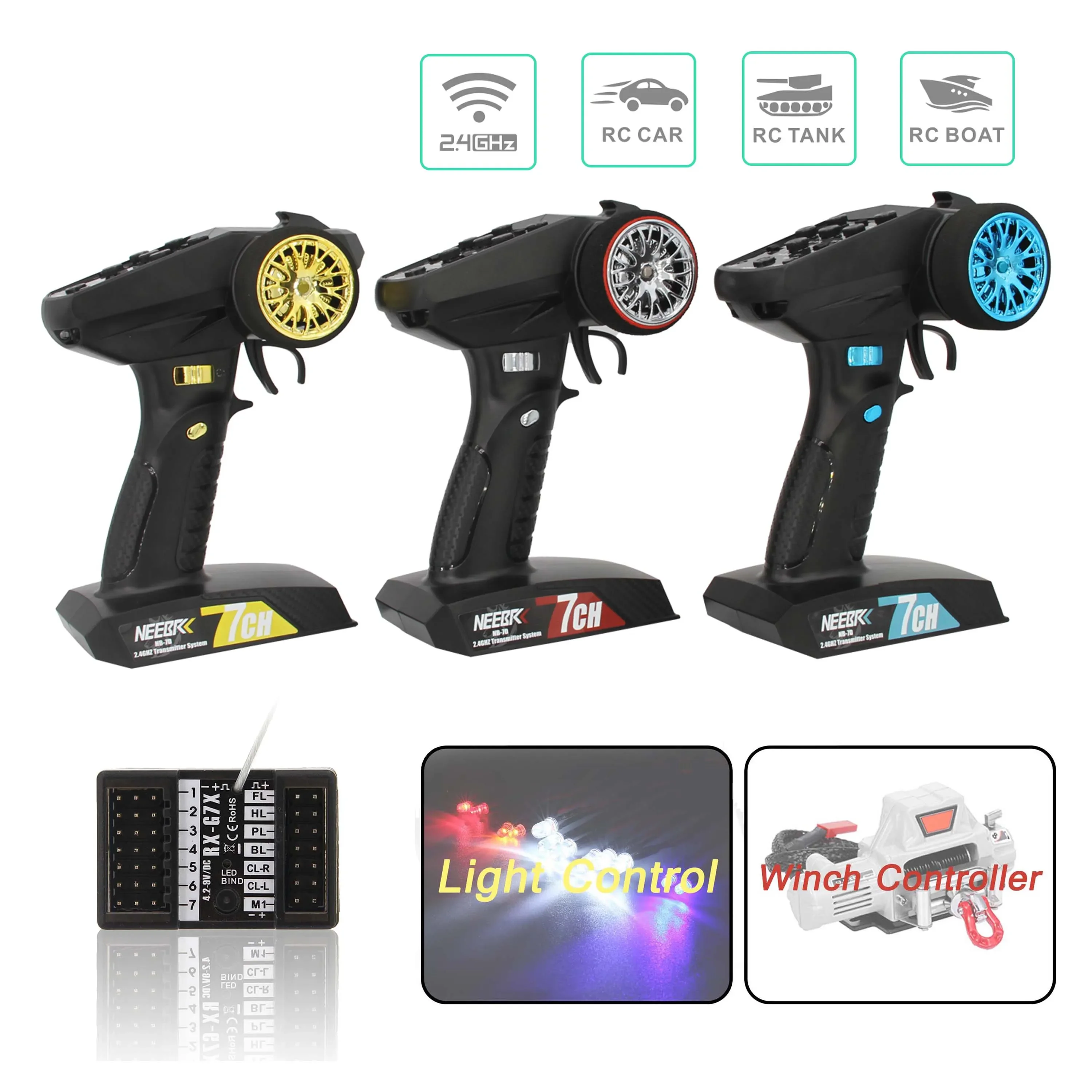 NEEBRC 7-kanałowy system radiowy 2.4G, wodoodporny kontroler wciągarki 3 w 1 z kontrolą światła, odbiornik do samochodów RC, czołgów, łodzi, części do zabawek