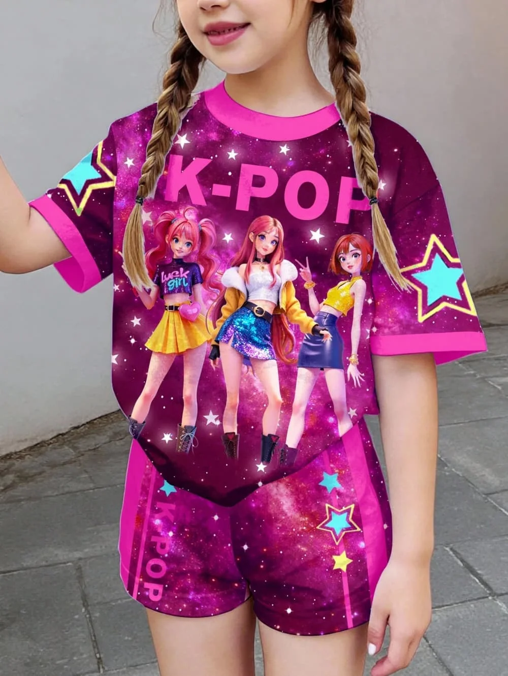 Kpop Cartoon Grafik Mädchen T-Shirt und Hosen Set Mädchen Sommerkleidung Niedliches Kurzarm-Set Kinder T-Shirt und Shorts Set – Detail 5