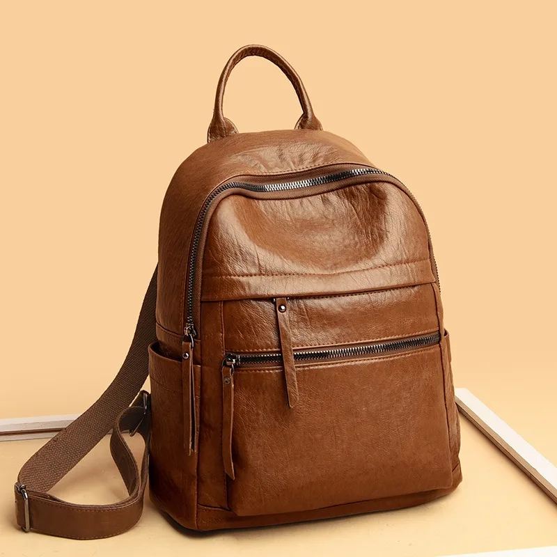 New Fashion Backpack - Grained Leather Retro Rucksack, Soft Large Capacity Student Bag, Trendy Travel