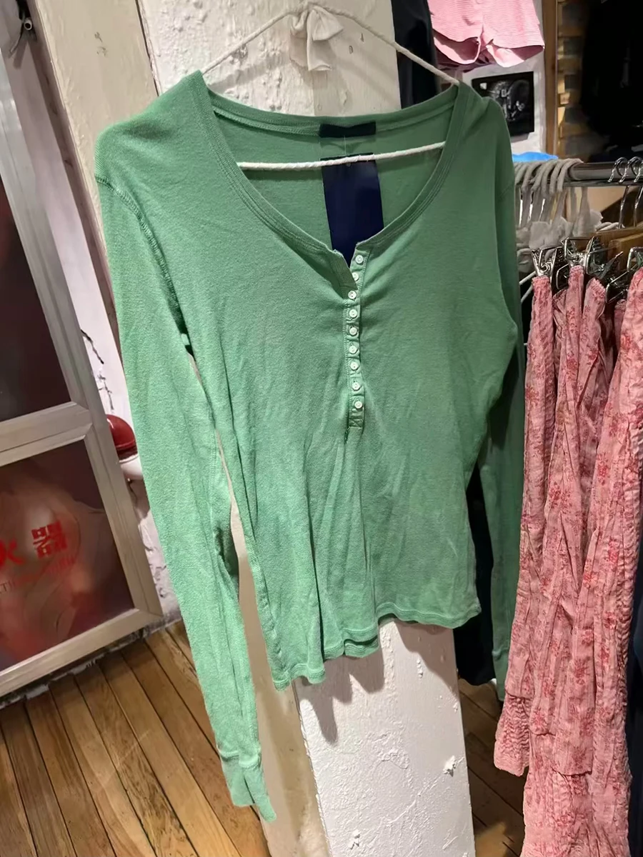 Nine Button Green Long Sleeve T-shirt Woman Autumn O-Neck Cotton Long Sleeve Tees Female Vintage Solid Basic Slim Tshirts Y2k