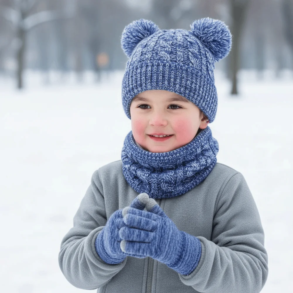 

Cute Pompom Baby Hat Scarf Gloves Set Thickened Keep Warm Toddler Knitted Hats Multicolor Warm Ears Hat Set Christmas Gift