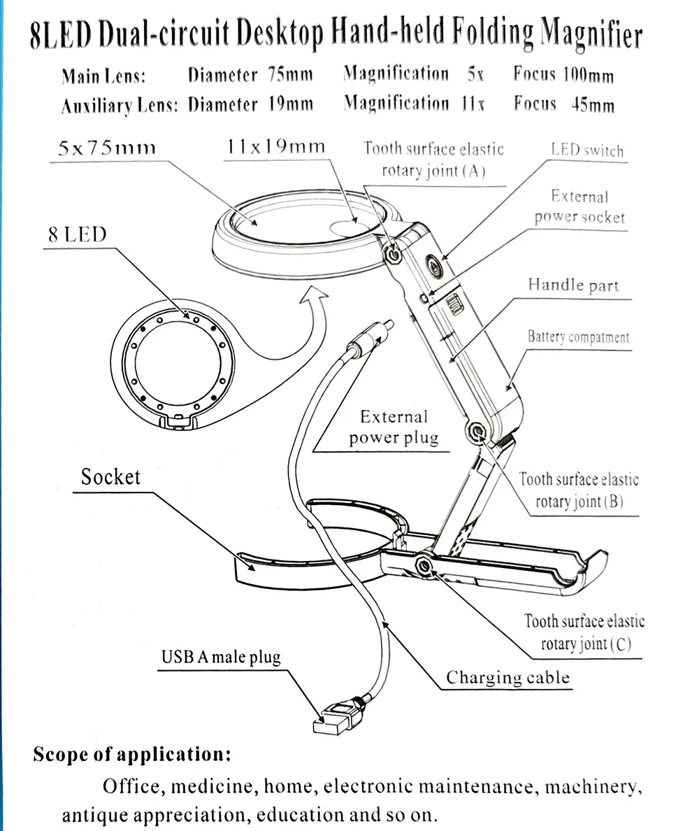 Magnifying Glass with 8 LED Lights 11X Magnifier Handheld Foldable Stand Desk Reading Lamp Repair Helping Hand Soldering