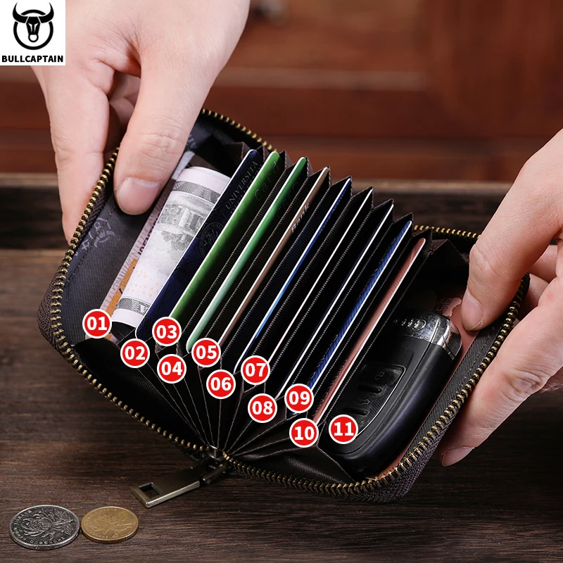 BULLCAPTAIN Genuine Card Bag Men\'s Casual Business Credit Card Holder Multifunctional RFID Anti-Theft 11 Card Slots Coin Purse