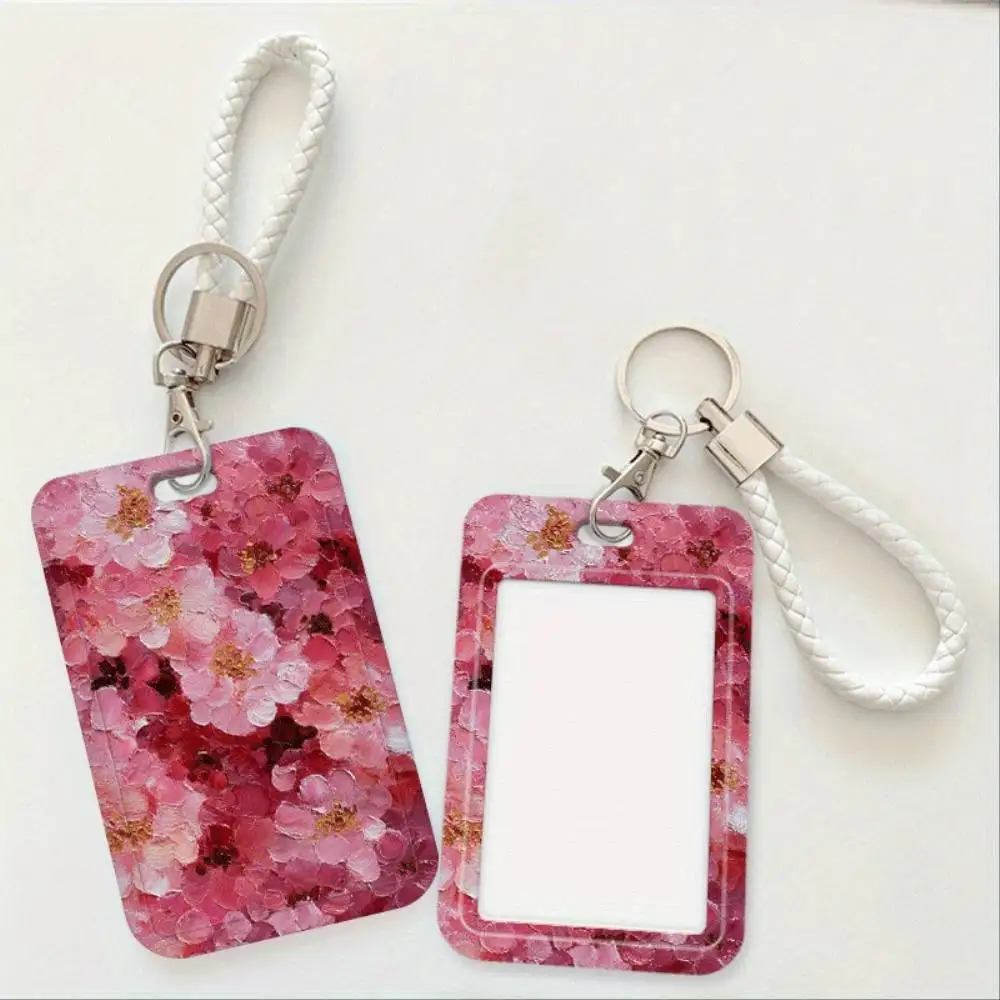 Oil Painting Pink Floral ID Card Holder Plastic Card Case For Doctor Nurse Student Staff ID Card Protection