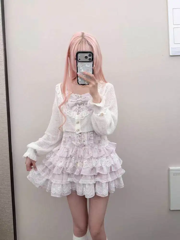Japanese Sweet Lolita 2 Piece Cardigan Lace Floral Dress Set Women Bowknot Ruffle Mini Dress Long Sleeve Knit Cover Up Outfit image 3