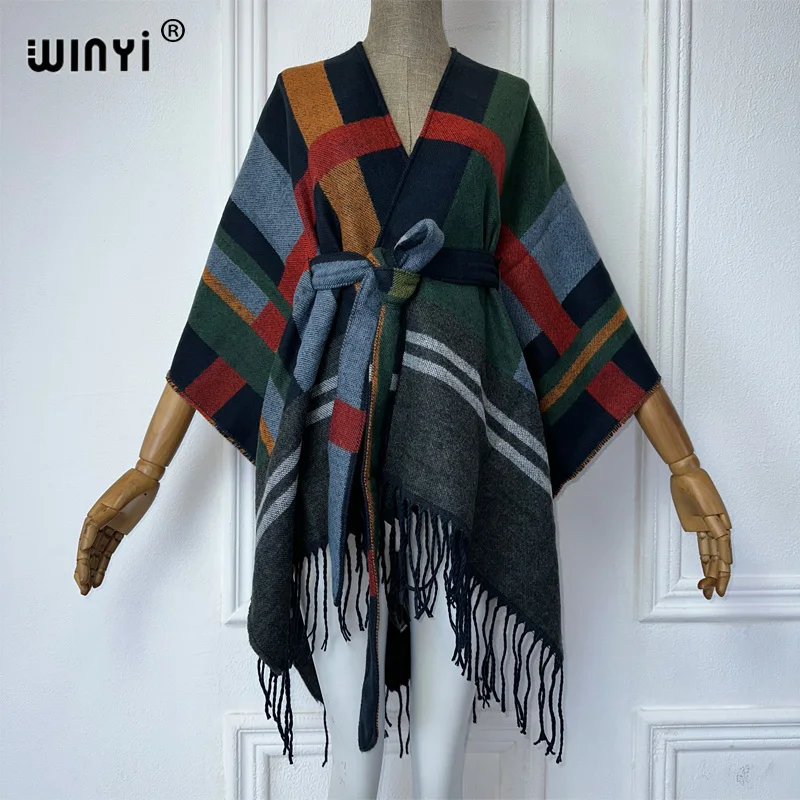 WINYI Winter plaid cardigan Africa women clothes maxi jacket Warm coat fashion abaya cloak poncho for women cape loose dress