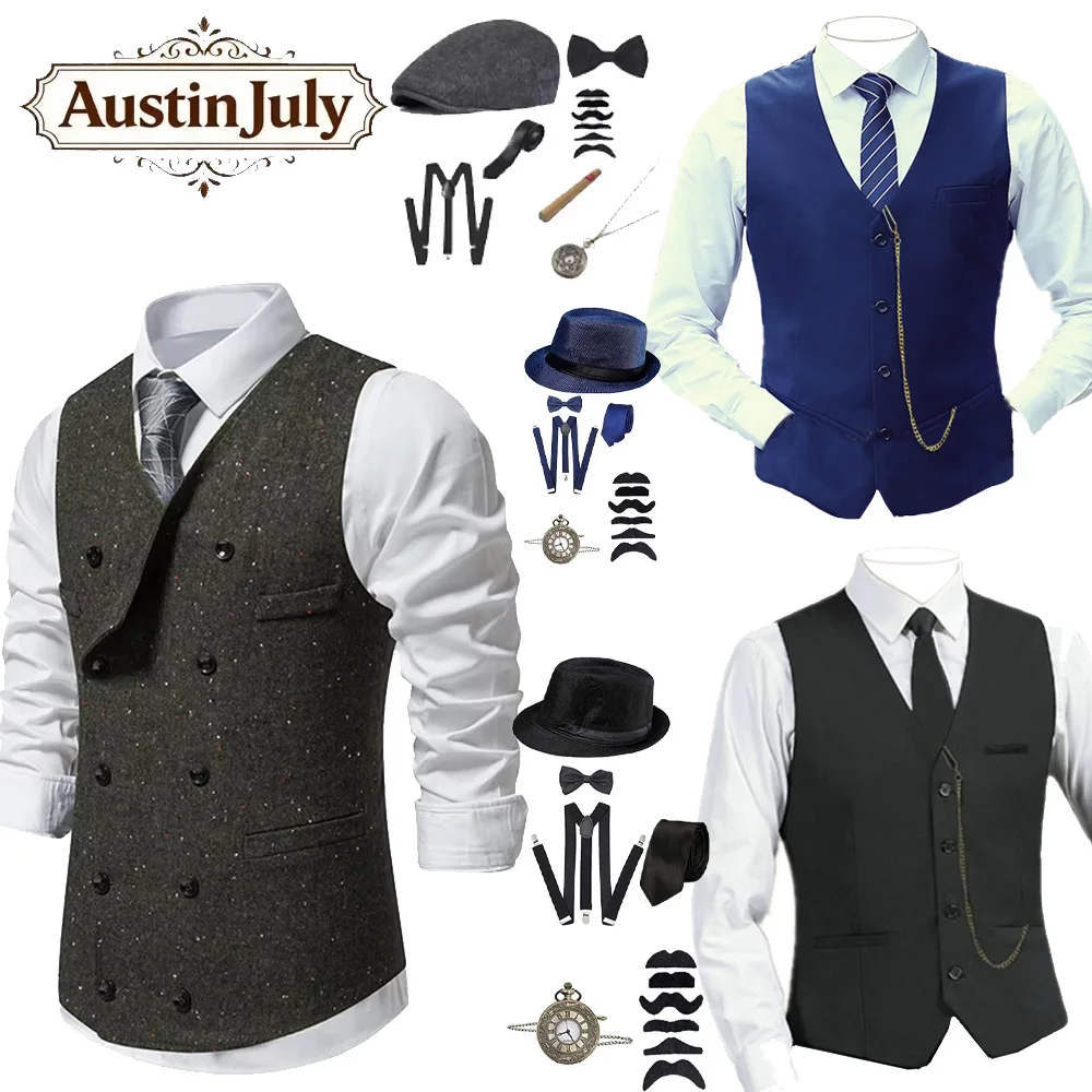 Fantasy Adult 1920 Retro Vest Hat Cosplay Costume Tie for Men Roleplay outfit Halloween Carnival Party travestimento Suit