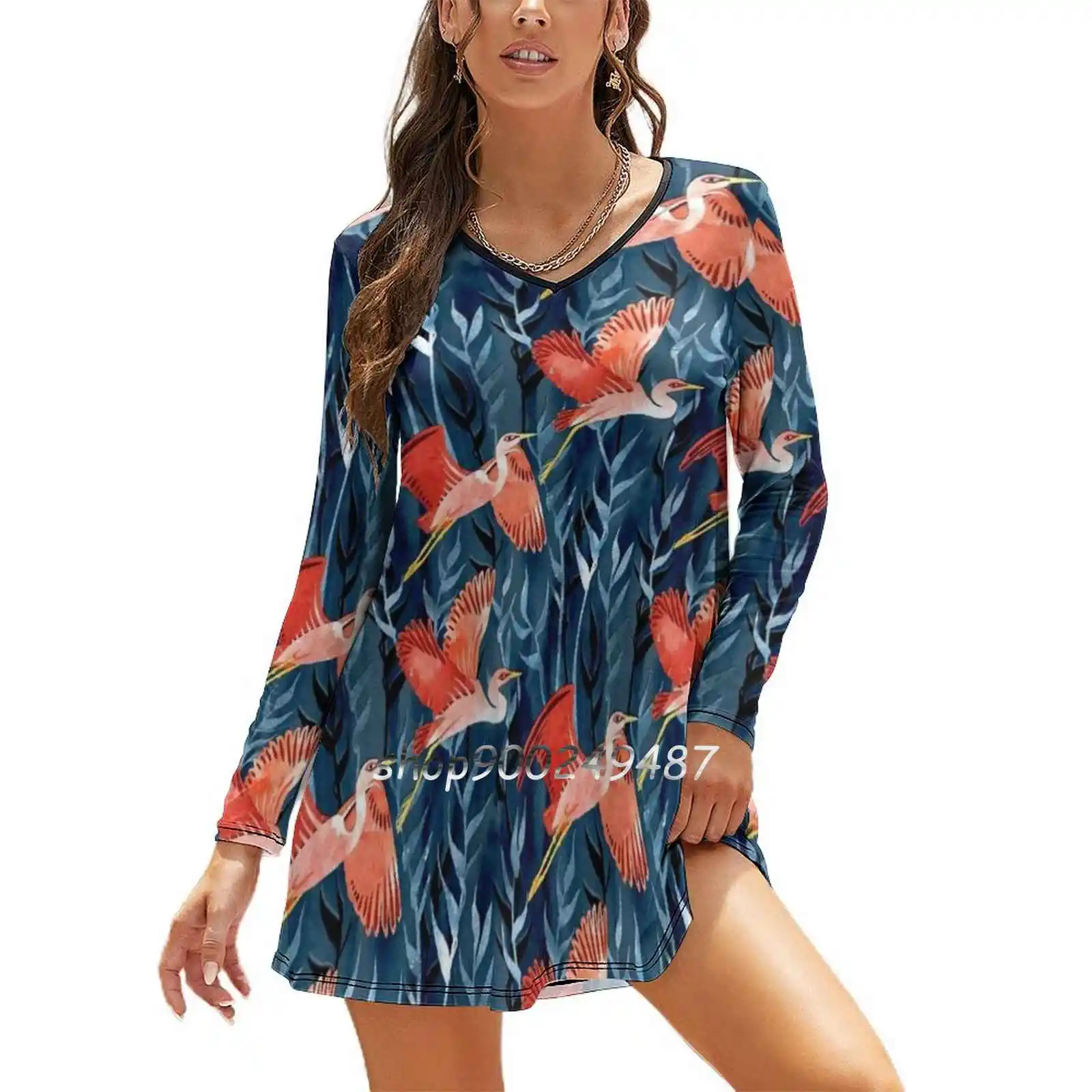 Birds And Reeds In Red And Blue Long Sleeve Sexy Dresses For Women 2022 Ladies Vintage Elegant Party Dress Egret Birds Micklyn image 5