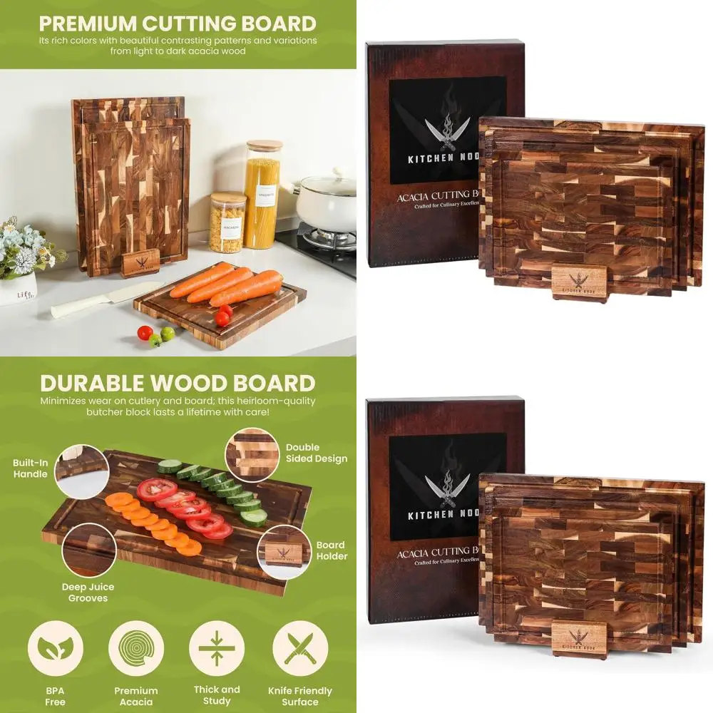 

3-Piece Acacia Wood Cutting Board Set with Holder, Dual-Sided, Non-Toxic for Kitchen Use