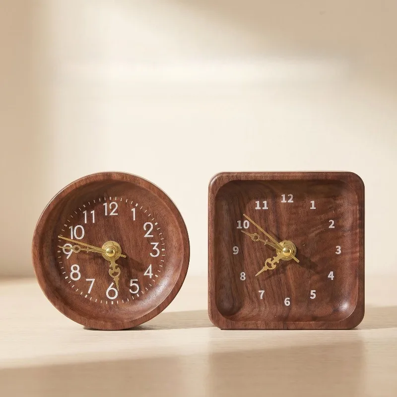 Korean Solid Wood Decorative Table Clock Creative Circles Squares Silent Quartz Clock Black Walnut Wood Desktop Watch Ornaments