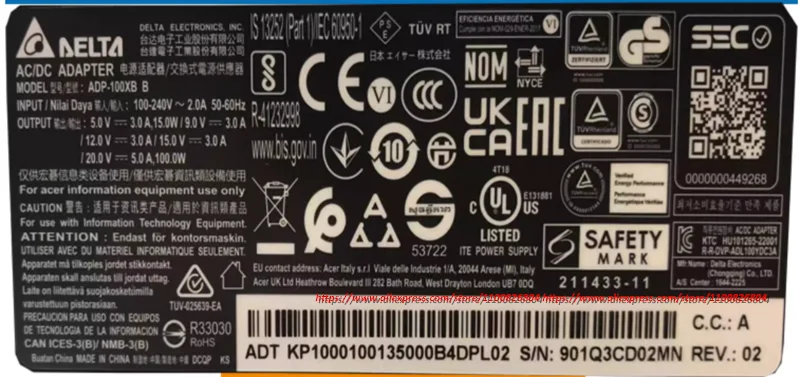 حقيقي دلتا 20 فولت 5A 100 واط ADP-100XB B محمول التيار المتناوب شاحن محول لشركة أيسر سويفت X SFX16-52G/i7-1260P دفتر امدادات الطاقة OEM