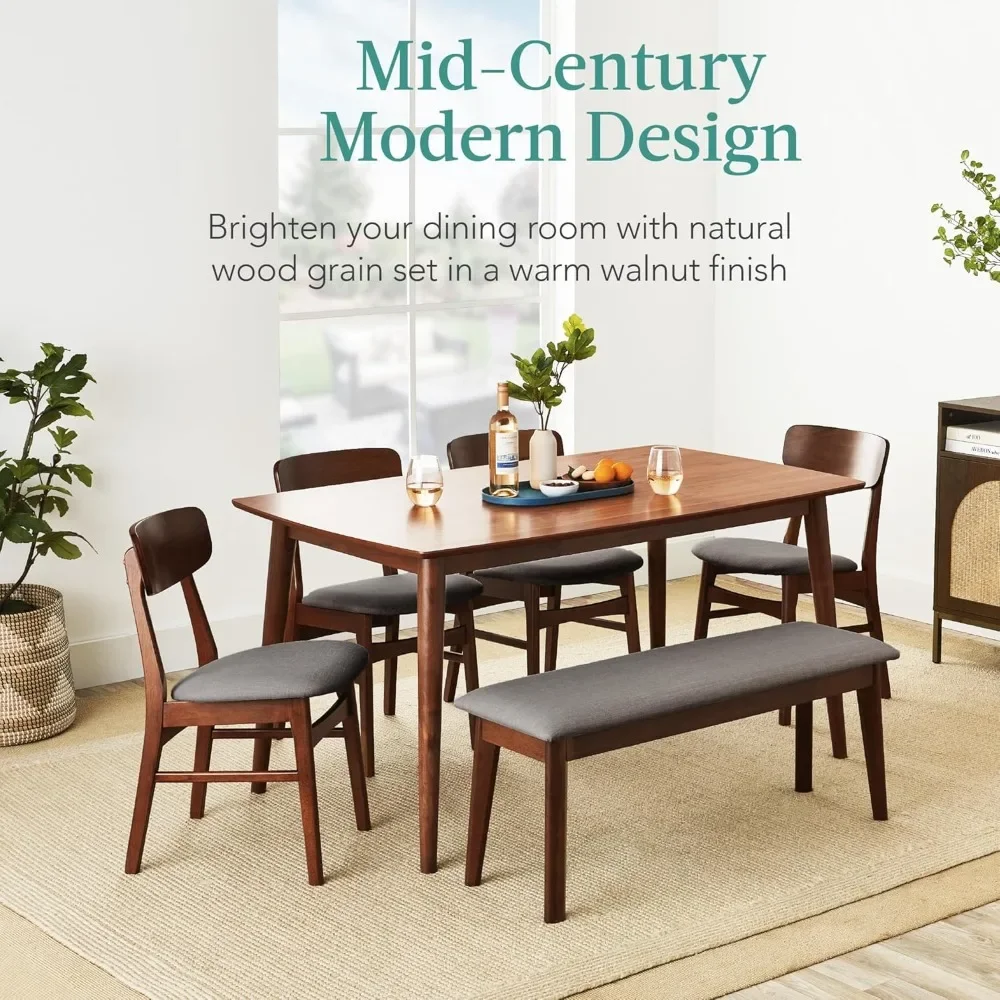 

Best Choice Products 6-Piece Wooden Dining Set, Mid-Century Modern Table & Upholstered Chair Set w/Bench Seat,