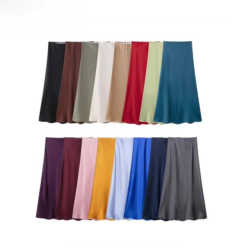 Faion High Waist Silk Satin Midi Skirt Women's New Season Versatile Ele Ci Commute A-Line Skirt Pure Color