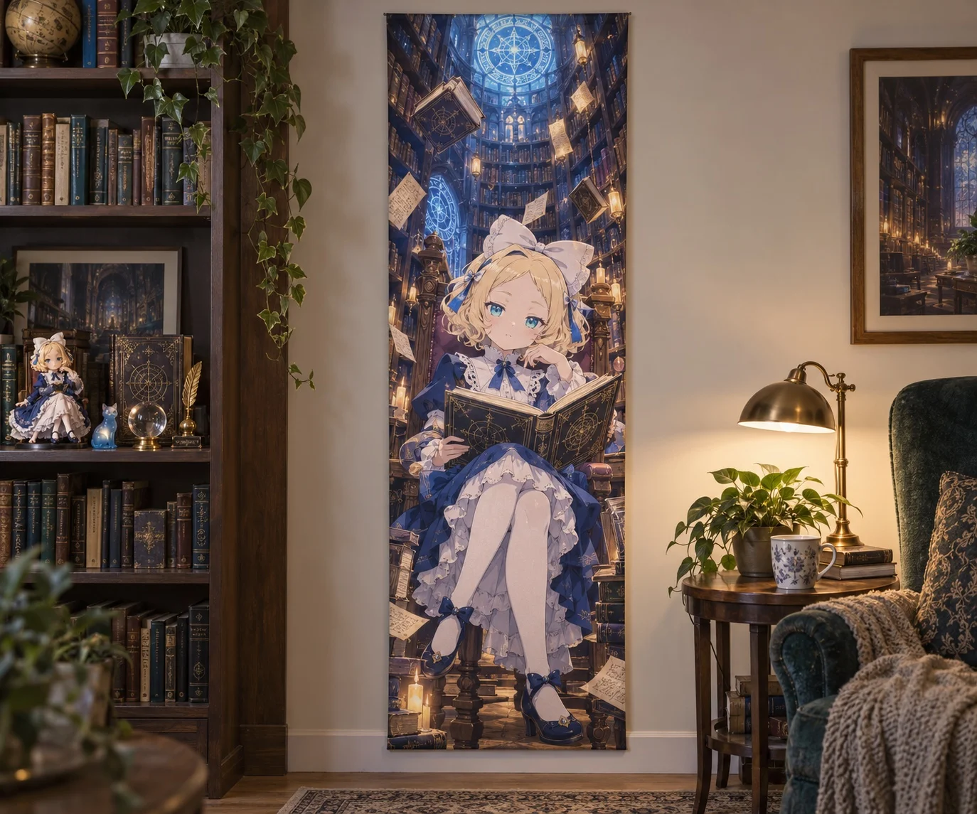 Anime Girl Magic Library Wall Tapestry Fantasy Gothic Room Decor Fabric Wall Hanging Art for Bedroom