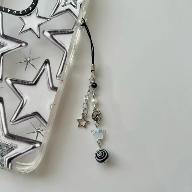 Y2k Swirly Phone Charm Y2k Black Grunge core Beaded Star Keychain Gifts For Her Him