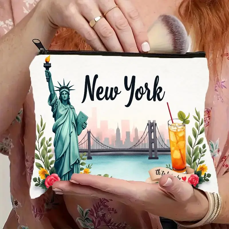A Stylish Cosmetic Zipper Pouch Featuring The Iconic Statue of Liberty, Brooklyn Bridge, And Skyline of New York City