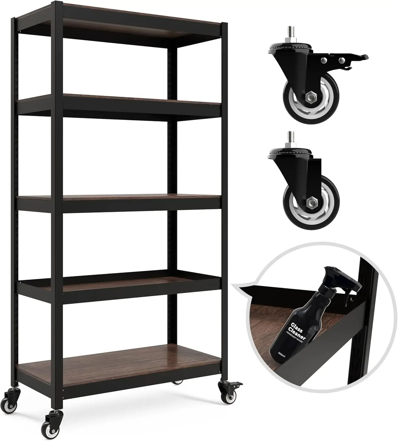 

5-Tier Metal Rolling Cart Shelf Rack Casters Heavy Duty Laminated Wheel Shelving Unit Adjustable Utility Storage