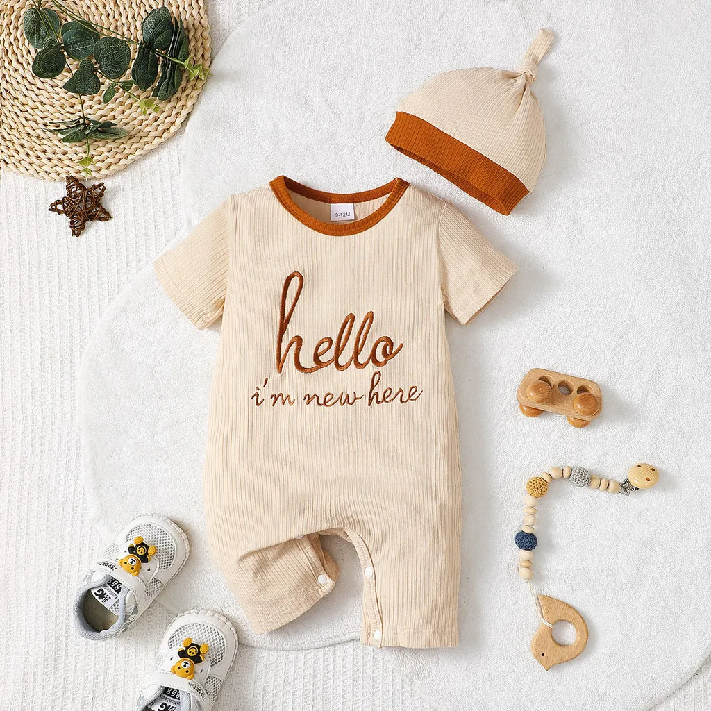 

0-12 Months Newborn Baby Boy&Girl Romper Embroidered Letter Short Sleeved Bodysuit+Hat 2pcs Infant Summer Comfortable Jumpsuit
