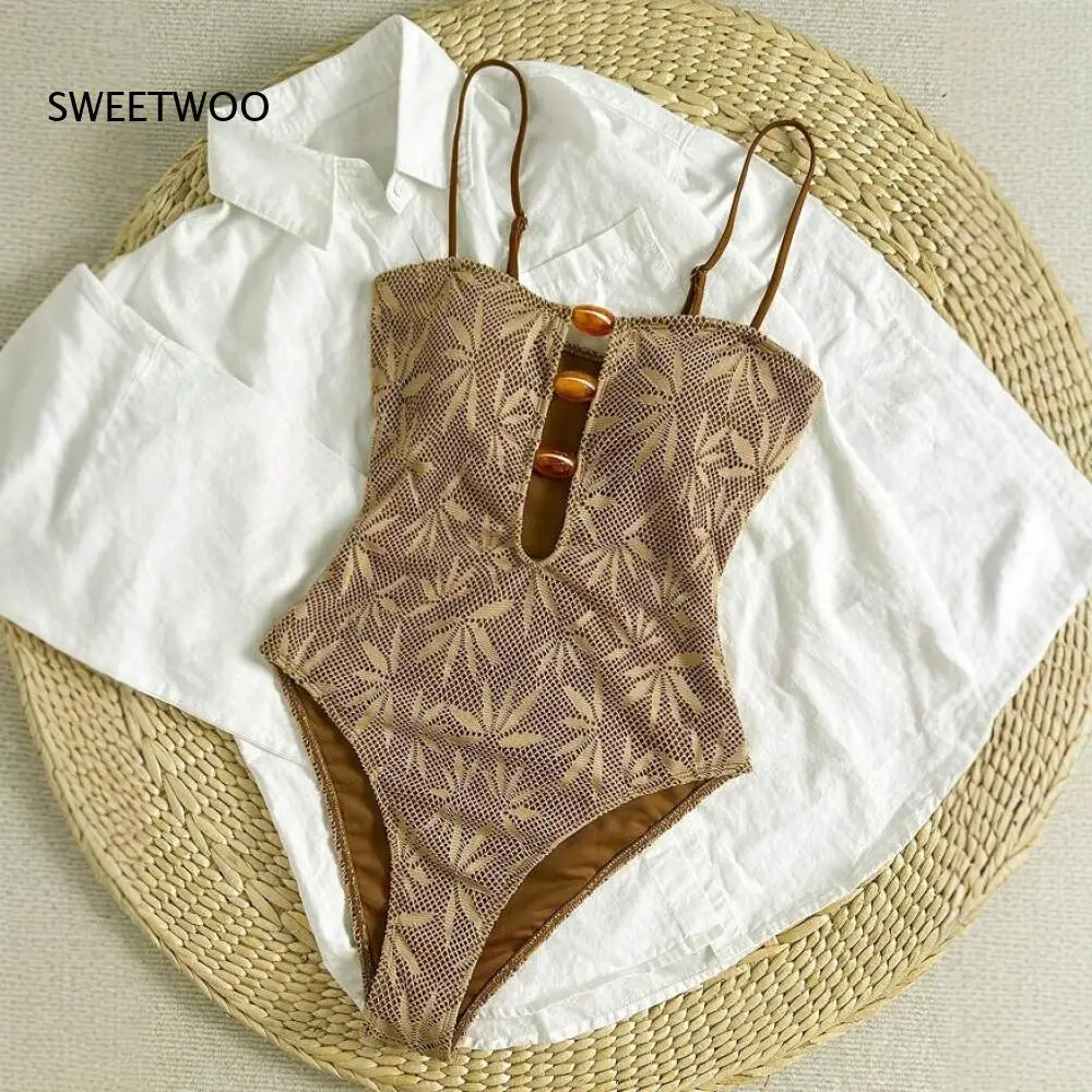 Women's Leaf Jacquard Mesh One-Piece Swimsuit with Bead Detail Tummy Control Monokini for Beach Vacation