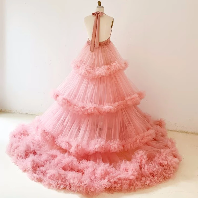 Halter Neck Ruffle Tulle Maternity Dress for Photo Shoot/Tulle Maternity Robe/Baby Shower Dress/Photography Dress