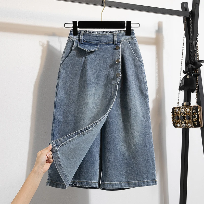 

Retro Denim A-Line Skirt Women's High Waist Cotton Summer Anti-Light Slimming Skirts Faionable Versatile Pure Color