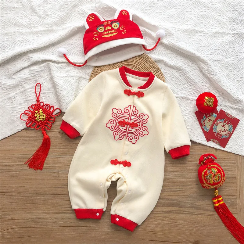 Chinese Traditional Tang Suit Newborn Baby Unisex Romper Jumpsuit New Year Spring Festival Bodysuit