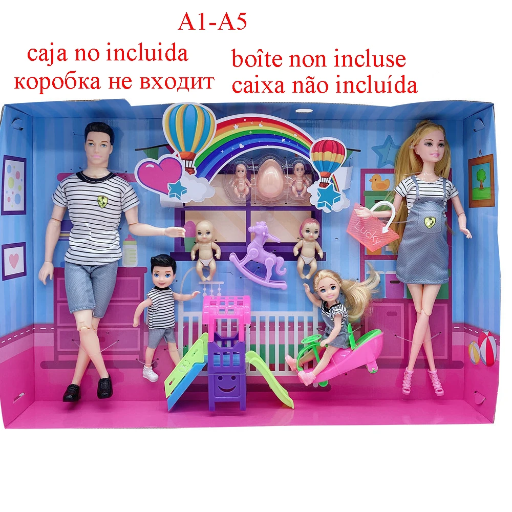 Juego De Muñecas Familiares De 5 Personas – Mamá Embarazada, Papá Y 3 Niños Con Accesorios, Juguete Educativo De Rol Para Niños +3 Años