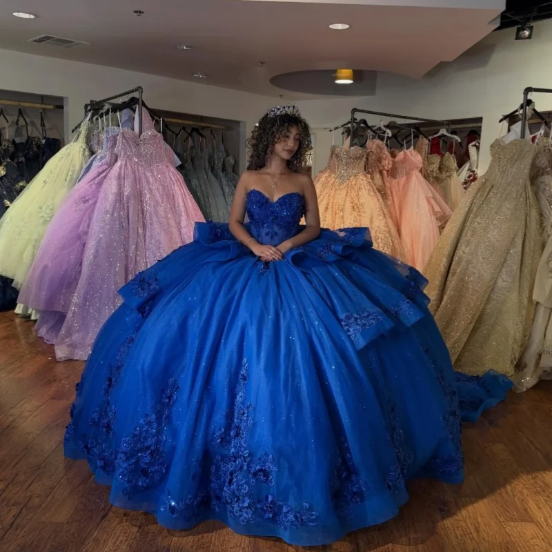

Королевские синие платья для квинсеаньеры с открытыми плечами, декорированные блестками, 3D цветами, длинным шлейфом и бантом, Vestido de 15 Quinceanera, индивидуальный пошив