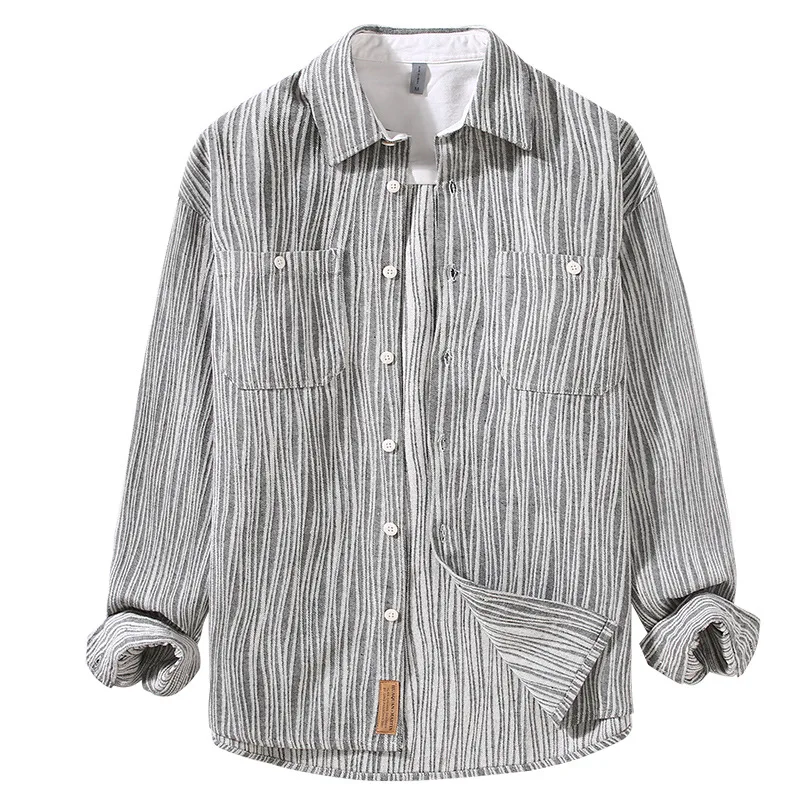 japanese retro Spring and Autumn Fashion Lapel Long Sleeve Striped Shirt Men's Loose Casual Button Shirt Striped Men's Clothes