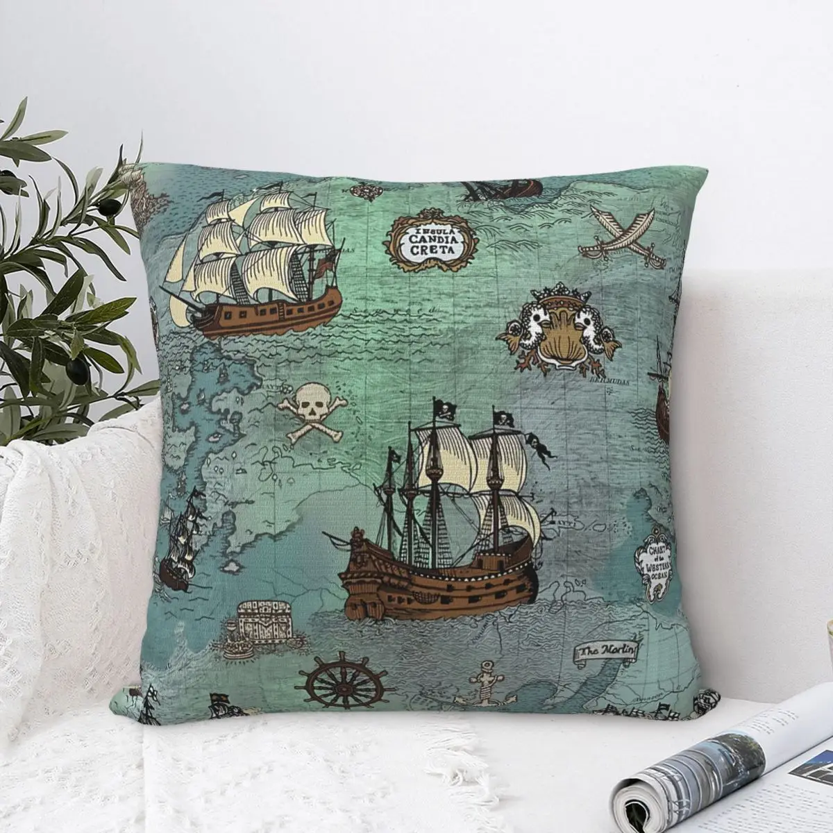 Pirate Map Nautical Sea Print Ocean Blue And Sea Glass Green Throw Pillow Case Backpack Coussin Covers For Home Decor