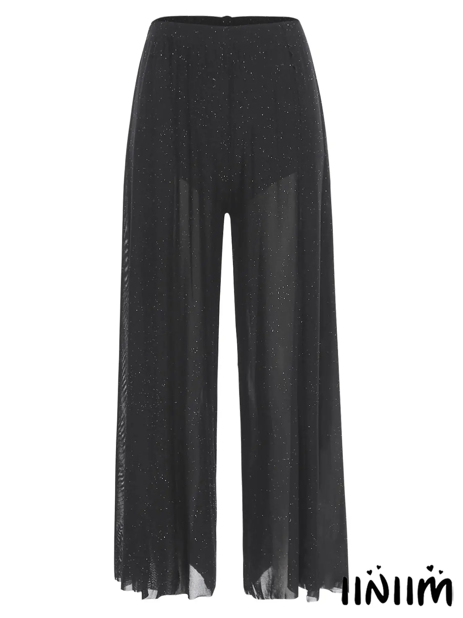 

Women Shimmering Mesh Wide Leg Pants Elastic Waist Side Slit Built-in Shorts Long Pants for Belly Dance Square Dance Performance