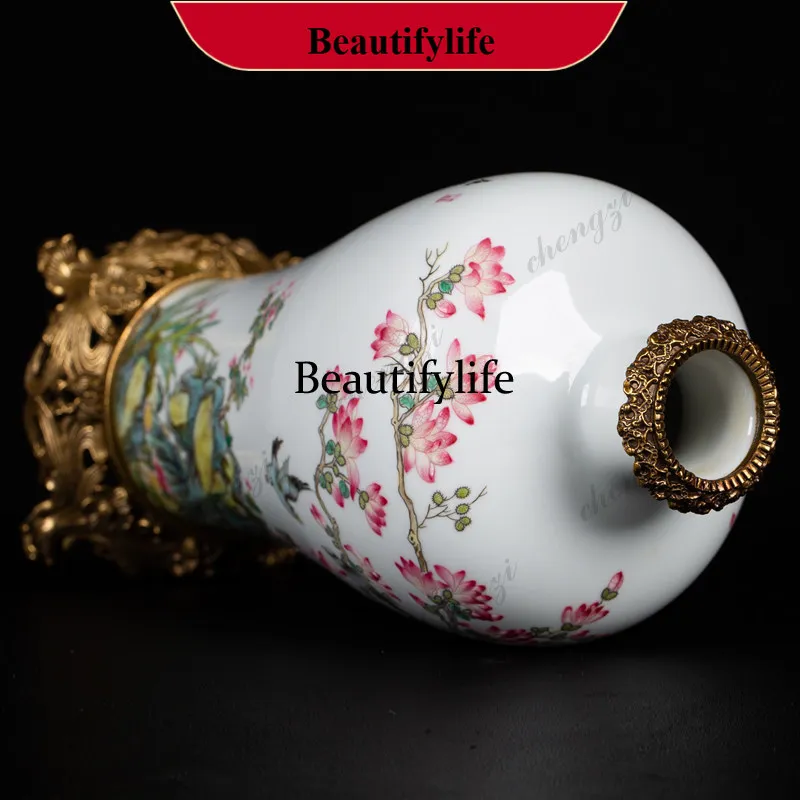 A95 Hand painted pastel magpie golden cherry blossom plum vase Jingdezhen porcelain pair vase Chinese ornament