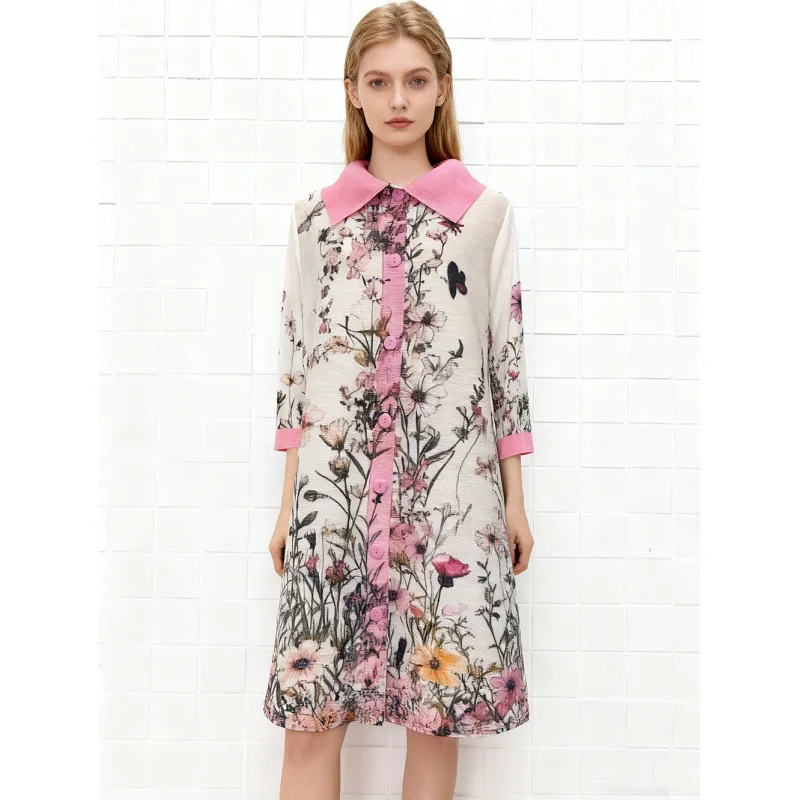 Quali Steil haar Midi Dr met Nine Sve-plooien Bloemenprint Afslankend Anti-aging Dames Faion Velvet Materiaal